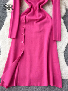 Women Button Down Long Knit Dress Full Sleeves Solid