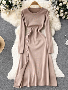 Women Button Down Long Knit Dress Full Sleeves Solid