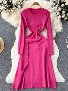 Women Button Down Long Knit Dress Full Sleeves Solid