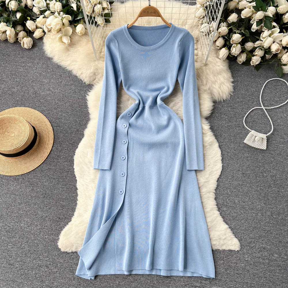 Women Button Down Long Knit Dress Full Sleeves Solid